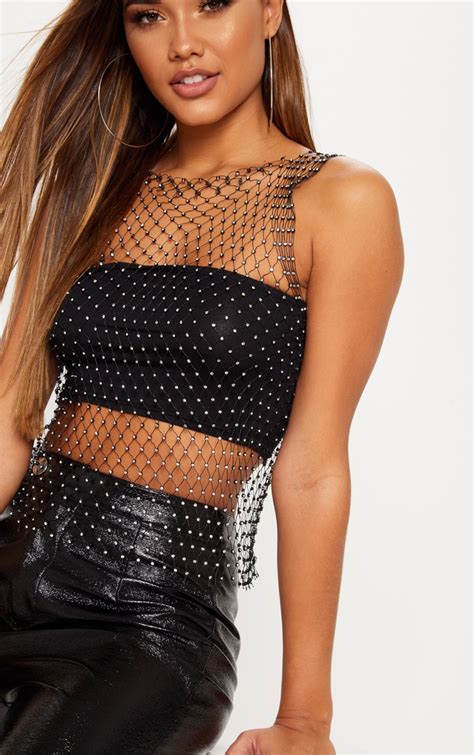 Black Diamante Mesh Vest Top | Tops | PrettyLittleThing