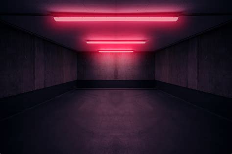 Dark Underground Room With Red Neon Light In Basement Or Parking Lot Stock Photo - Download ...