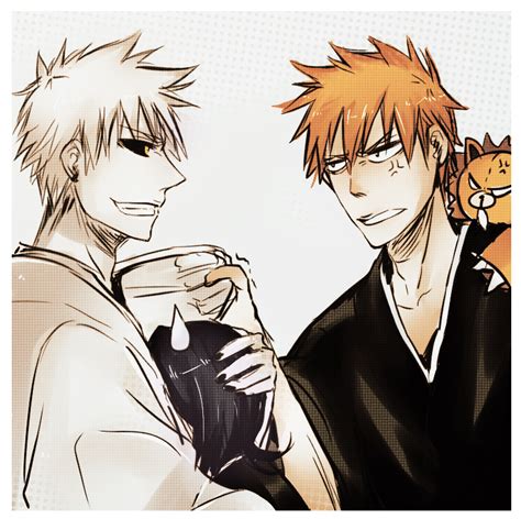 two anime characters one is holding a cat and the other has an orange ...