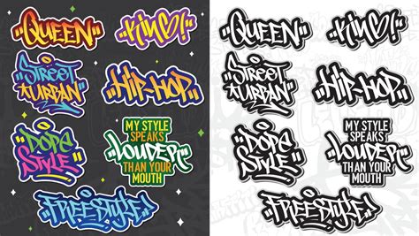 A set of colorful or vibrant graffiti art stickers. Street art theme ...