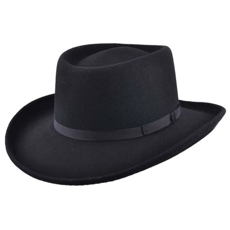 Mens Black Vintage 100% Wool Felt Crushable Gambler Cowboy Hat Curved ...