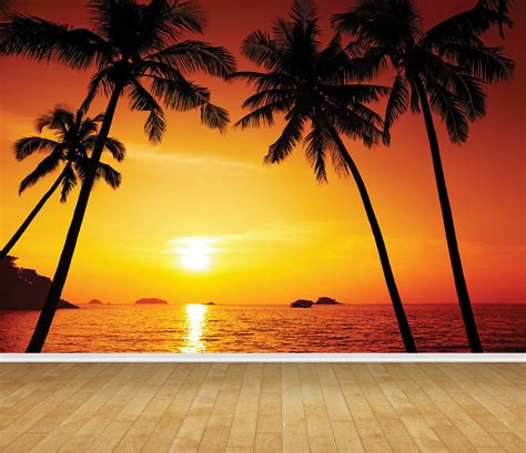 Palm Trees Sunset Ocean Beach Wallpaper Mural Bedroom Business Travel ...