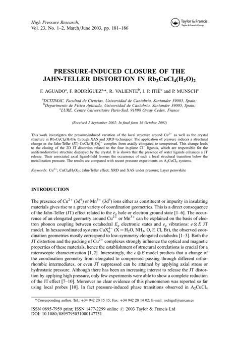 (PDF) Pressure-induced closure of the Jahn-Teller distortion in Rb2CuCl4(H2O)(2)