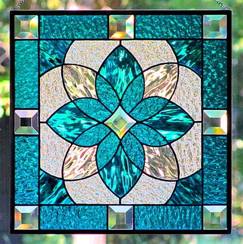 Aqua Blue Stained Glass Starburst Design Beveled Panel