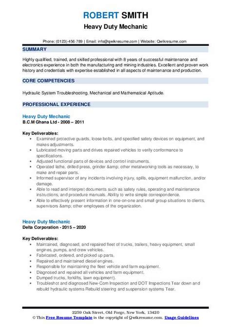 Heavy Duty Mechanic Resume Samples | QwikResume