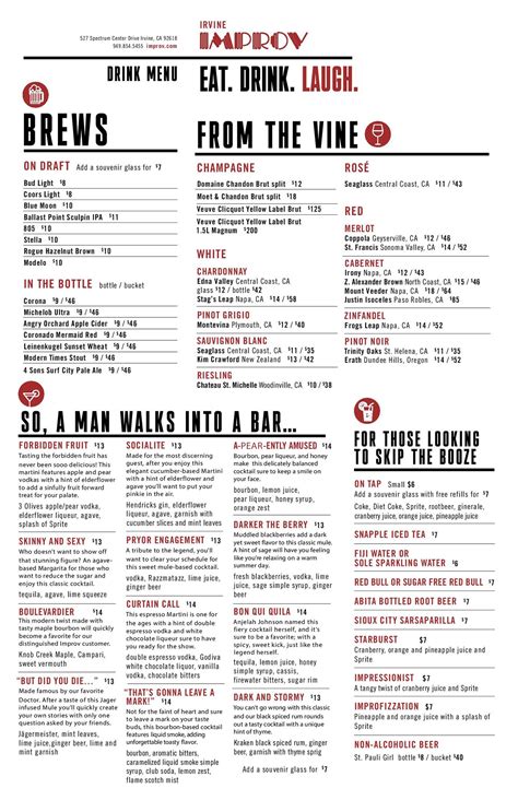 Irvine Improv Food and Drink Menu