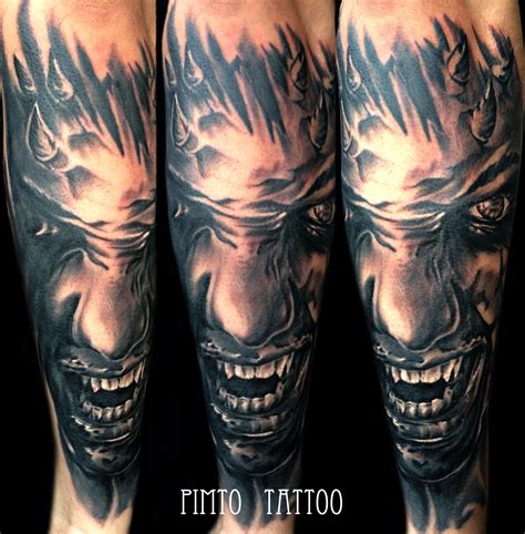 Male demon tattoo - black & grey, realistic. By Pimto. | Black and grey tattoos, Tattoos, Dark ...