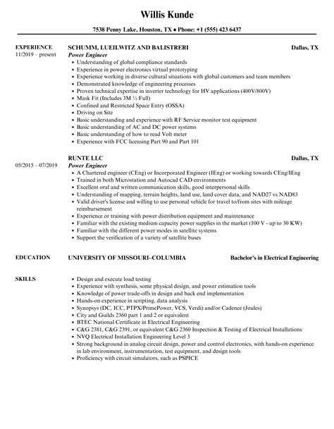 Power Engineer Resume Samples | Velvet Jobs