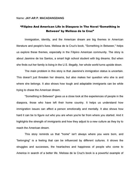 Filipino And American Life in Diaspora in The Novel ‘Something in Between’ by Melissa de la Cruz ...