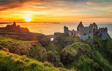 Wallpaper sea, landscape, sunset, nature, rocks, ruins, Ireland, Dunluce castle, Dunluce Castle ...