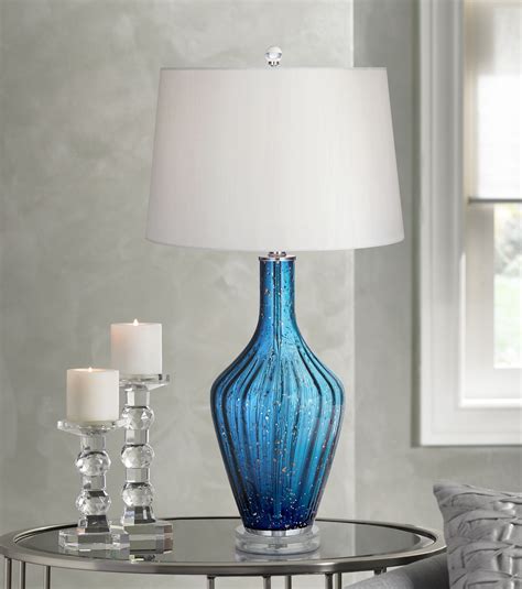 Possini Euro Design Coastal Table Lamp 29" Tall Blue Fluted Art Glass Vase White Drum Shade for ...