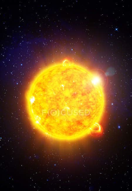 Glowing Sun star with solar flares, digital illustration. — galaxy ...