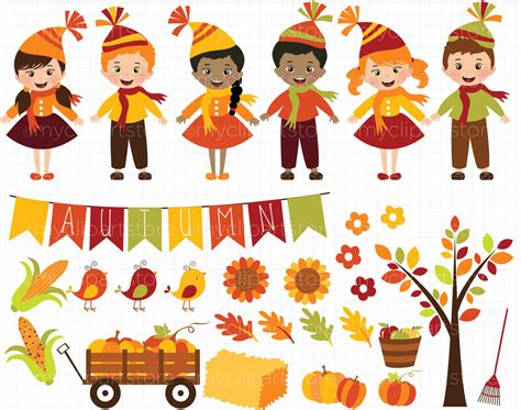 Fall / Autumn / Happy Harvest Kids Vector Clipart By MyClipArtStore | TheHungryJPEG