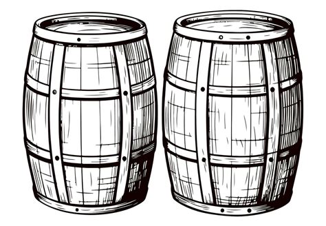 Oak wooden barrel ink illustration. Hand drawn engraving style barrel with crane . Vintage ...