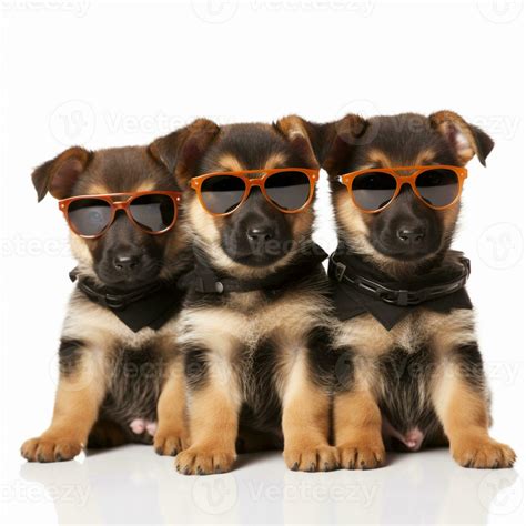three puppies wearing sunglasses sitting on a white surface. generative ai. 28523259 Stock Photo ...