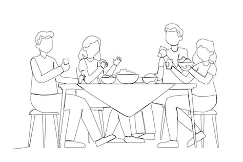 Premium Vector | A family eating dish together in family reunion line art