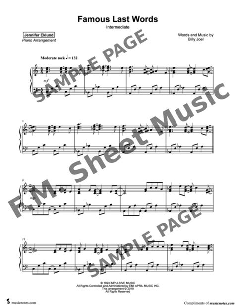 Famous Last Words (Intermediate Piano) By Billy Joel - F.M. Sheet Music - Pop Arrangements by ...