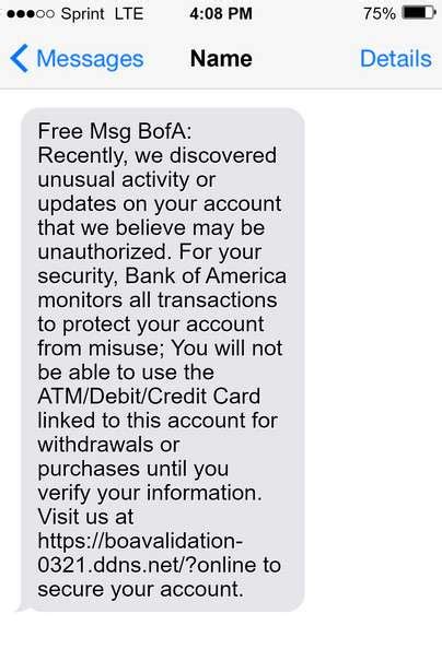 "Bank Of America Unusual Activity On Account" Text Scam