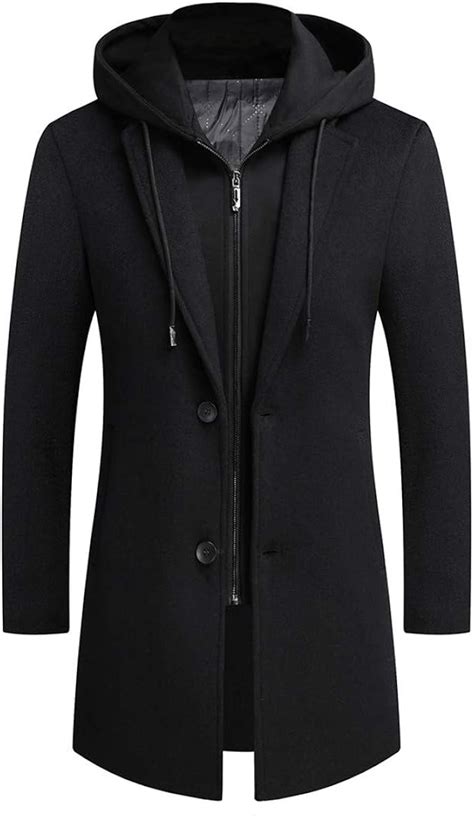 Man&Jenensy Men's Hooded Wool Jacket Long Windproof Wool Coat Casual ...