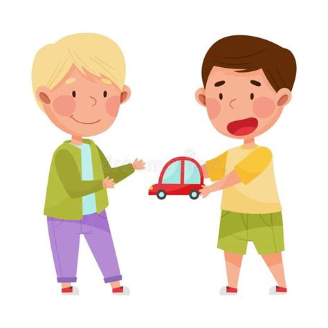 Friendly Kids Playing Together and Sharing Toy Car Vector Illustration ...