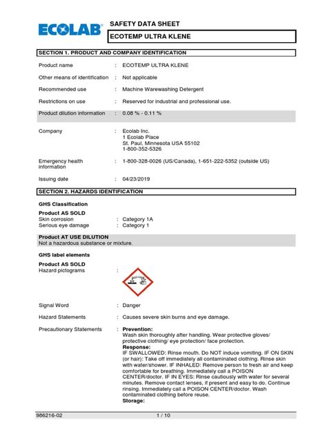 SDS - Ecolab Ultra Klene Detergent | PDF | Personal Protective Equipment | Toxicity