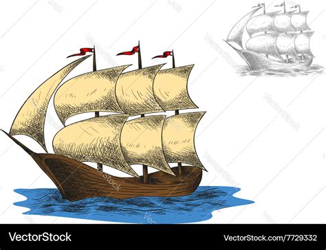 Antique three masted barque sailing ship Vector Image