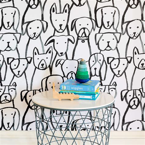 Chasing Paper Black and White Puppy Pile Peel and Stick Wallpaper 2' x 8' | Crate & Kids