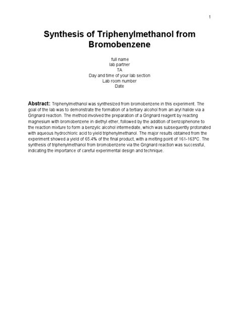 Synthesis of Triphenylmethanol From Bromobenzene | PDF | Chemical Reactions | Unit Processes