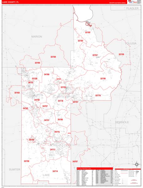 Lake County, FL Zip Code Wall Map Red Line Style by MarketMAPS - MapSales