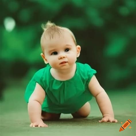 Baby girl crawling in a green dress