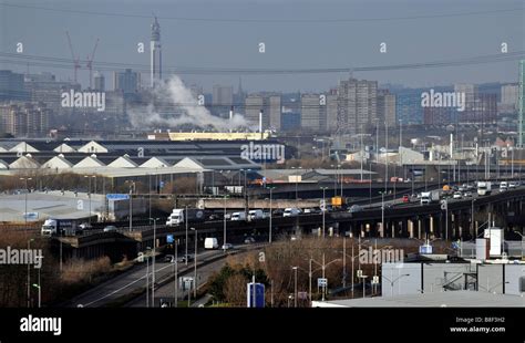 Industrial view of Birmingham city centre, viewed with the M6 Motorway in the foreground and ...