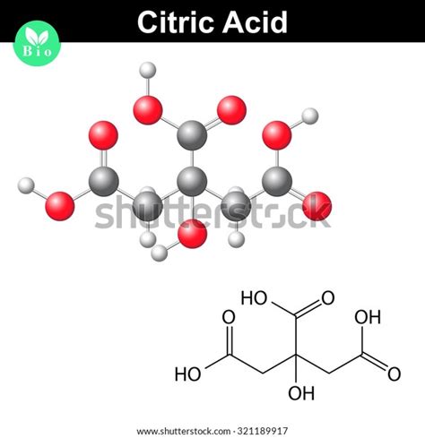 Citric acid molecule, citrate, structural chemical formula and model ...