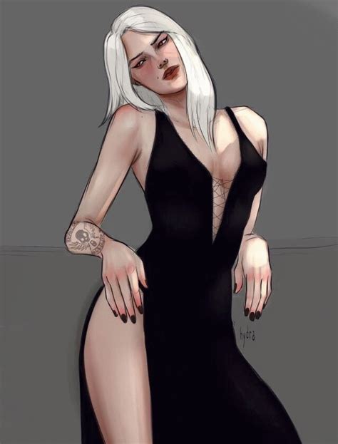 a drawing of a woman with white hair and tattoos on her arm, wearing a black dress
