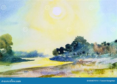 Watercolor Landscape Original Painting Colorful of Sun in Morning ...