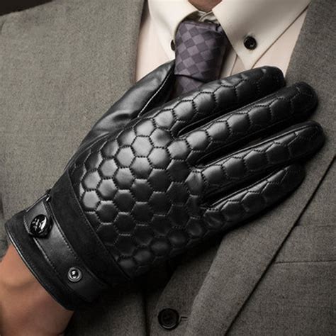 Genuine Leather Men Black Gloves Fashion Plaid Business Sheepskin ...