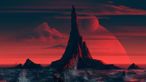 [1600x900] Red Sky with a tower | Papel de parede pc, Papel de parede vaporwave, Papel de parede ...