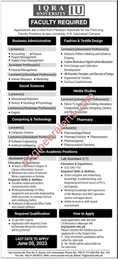 Faculty Required At Iqra University Islamabad May 2023