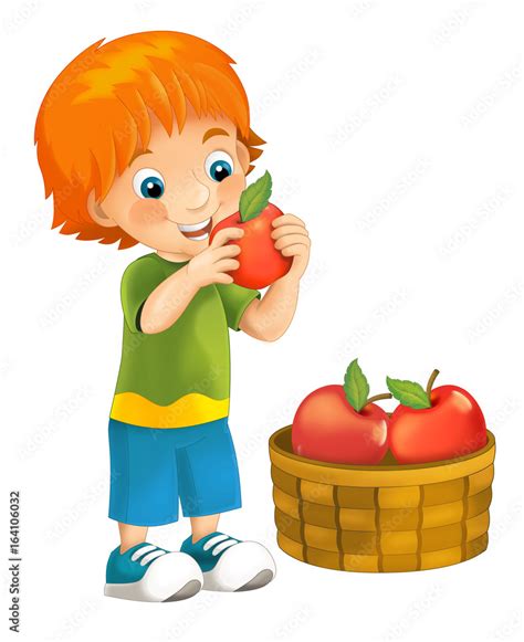 cartoon happy and funny looking boy holding and eating apples - activity - illustration for ...