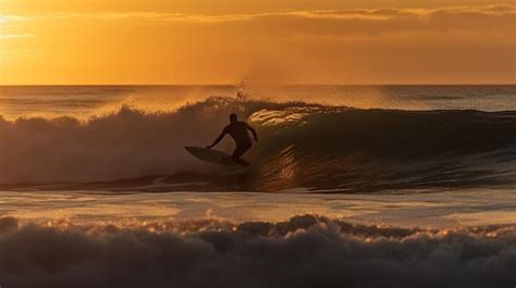 Premium AI Image | A surfer rides a wave at sunset.