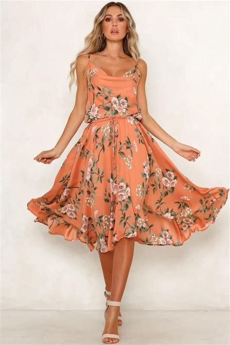 Free Shipping Cowl Neck Orange Floral Summer Dress | Floral dress ...