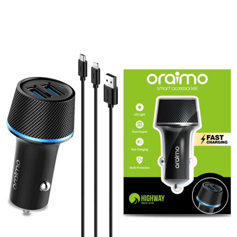 ORAIMO Car Charger Dual USB + USB Data Cable 2 In 1 Fast Charging Black Color OCC-21D+OCD-D61