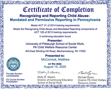 Certificate of Completion – Recognizing & Reporting Child Abuse, Pennsylvania | CATHOLICA ROMANA ...