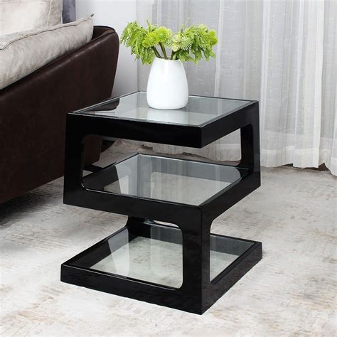Black Modern Unique Square Side Table Storage End Table with Shelf 3-Tier Tempered Glass | Glass ...