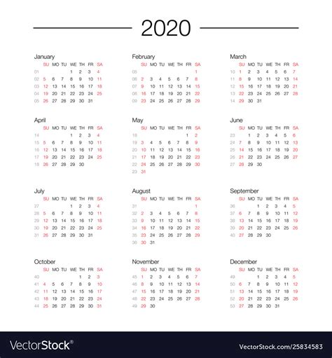 Calendar 2020 year template day planner Royalty Free Vector