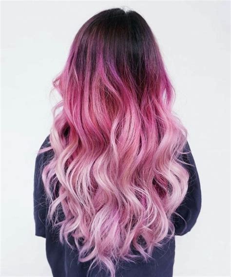 black to dark to light pink, ombre curly hair, long wavy hair, black shirt, white background ...