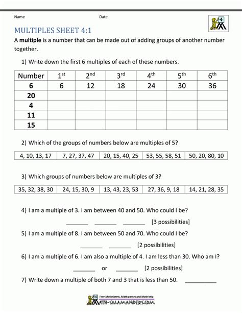 Multiples Worksheet Year 6 - Free Printable