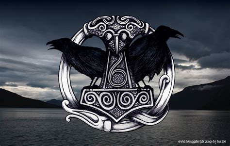 Mjolnir flanked by Hugin and Munin, Odins ravens. : r/wallpapers