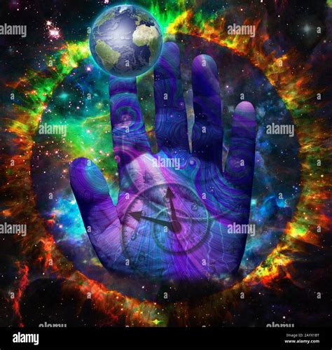 Hand of Creator. Time spirals and planet Earth in vivid Universe Stock Photo - Alamy