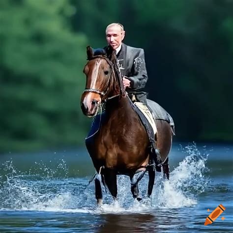 Russian leader vladimir putin riding a horse across a river in nature ...