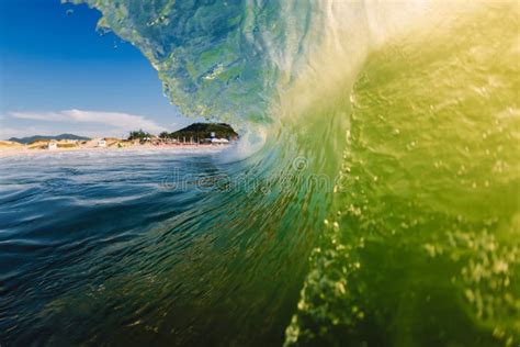 Perfect Surfing Swell in Ocean. Barrel Wave with Morning Warm Light ...